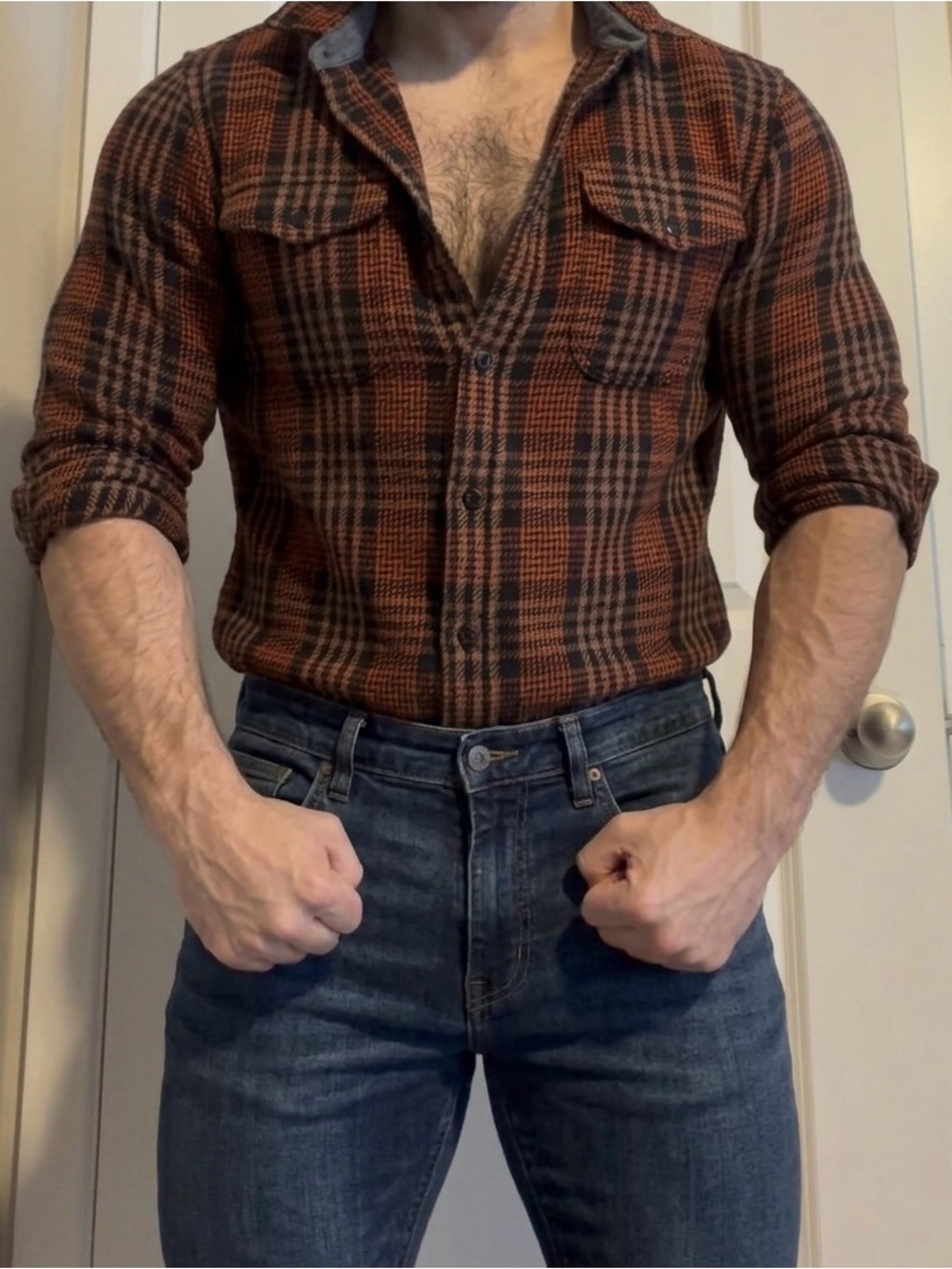 Outerknown Men's Rust and Black Plaid Button-Down Shirt